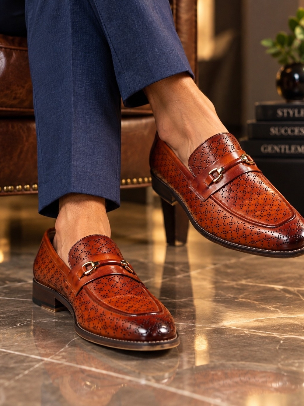 Men's Leather Bit Loafers in Cognac Brown
